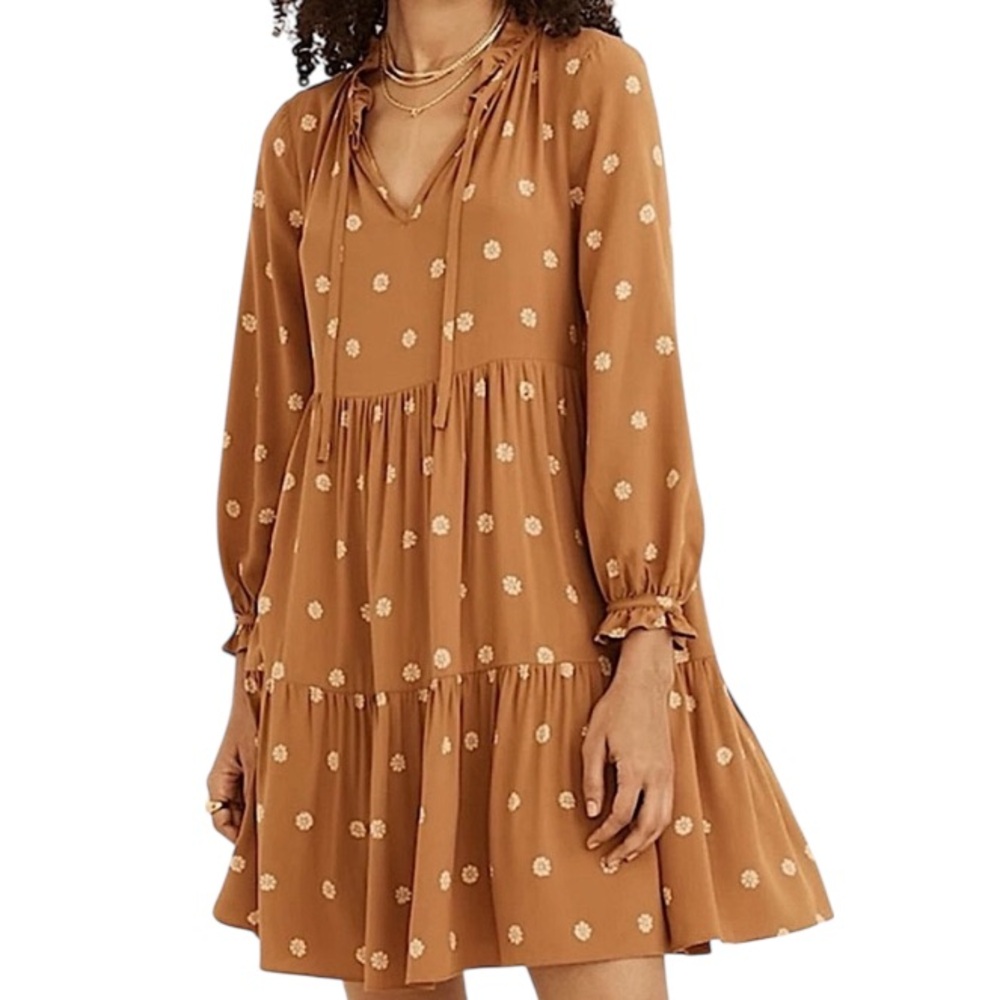 Madewell Womens Tiered Gold Long Sleeve Peasant Floral Dot Ruffle Flowy Dress S